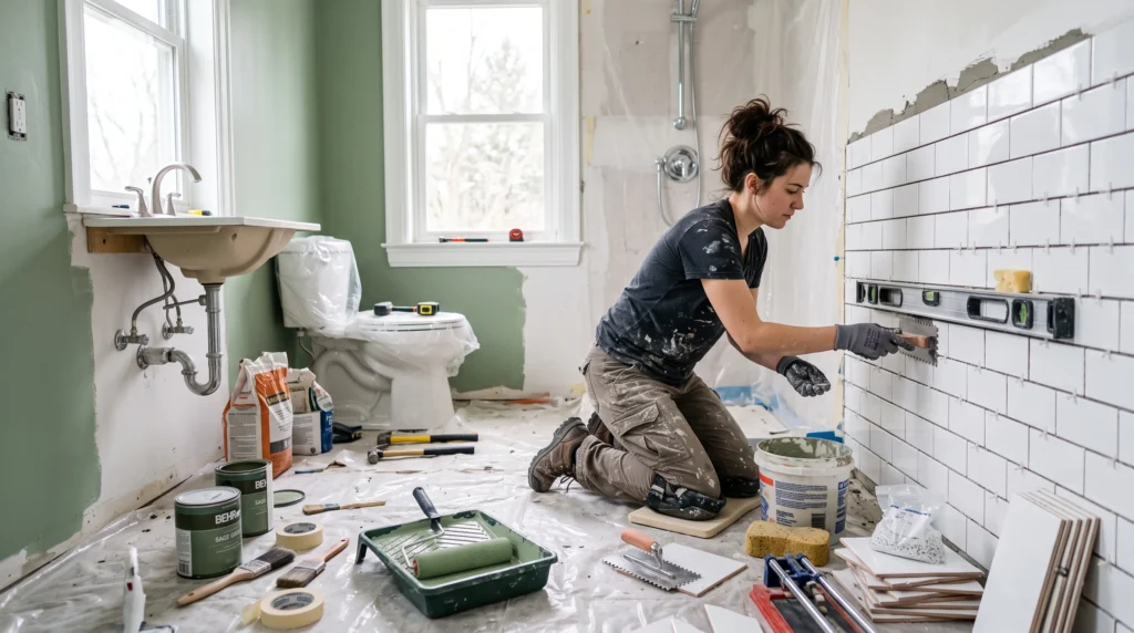 Bad selbst renovieren – Heimwerker bei der Arbeit