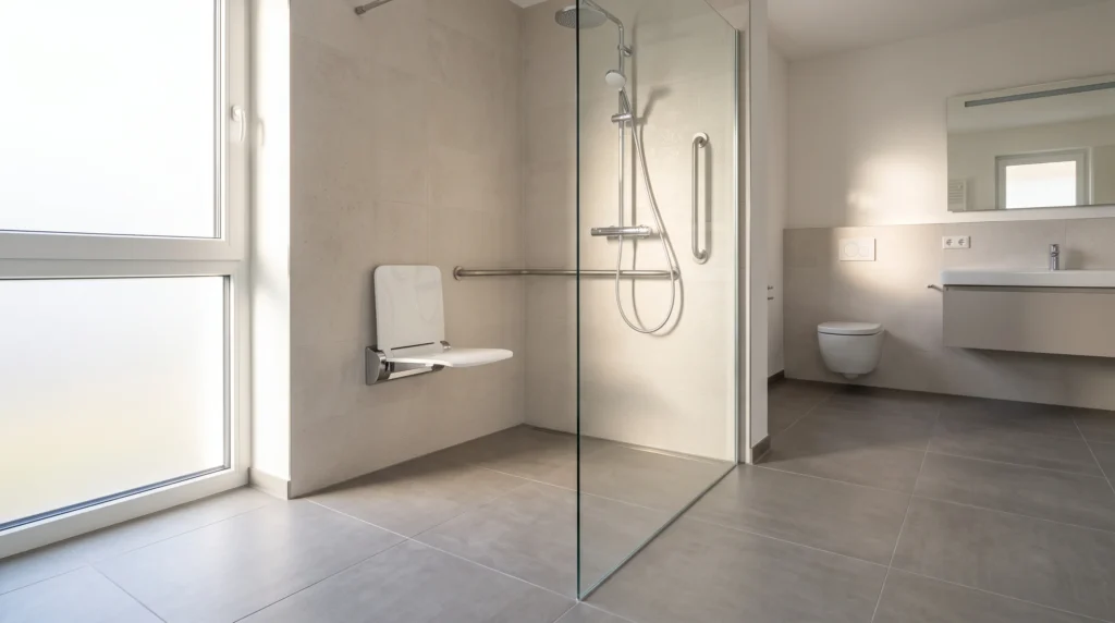 Barrierefreies Bad mit bodengleicher Dusche und Haltegriffen