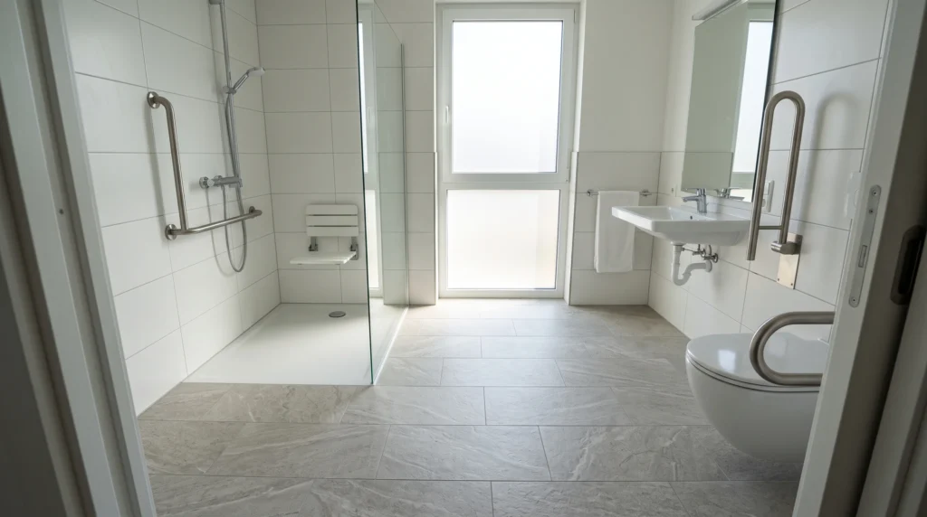 Bad barrierefrei umbauen – barrierefreies Bad mit Haltegriffen und bodengleicher Dusche
