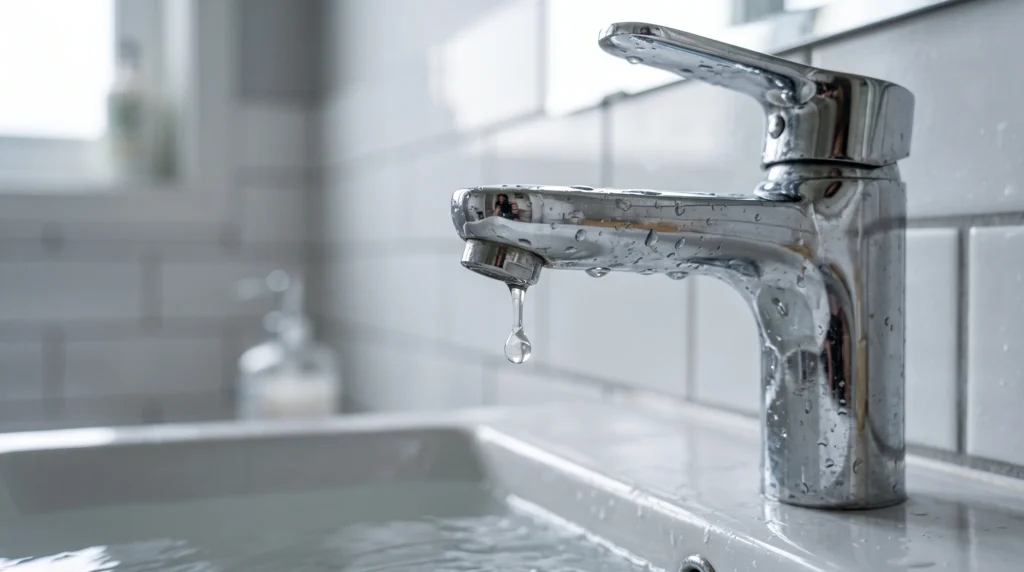 Wasserhahn tropft – Wassertropfen fällt aus einer Chrom-Armatur am Waschbecken