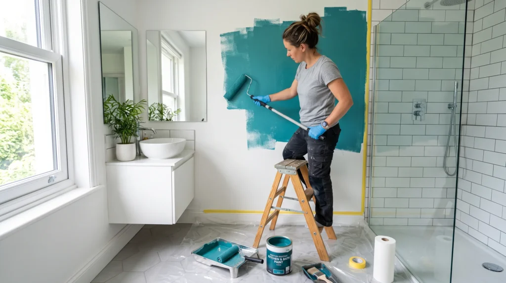 Bad streichen – Wand wird mit Feuchtraumfarbe gestrichen