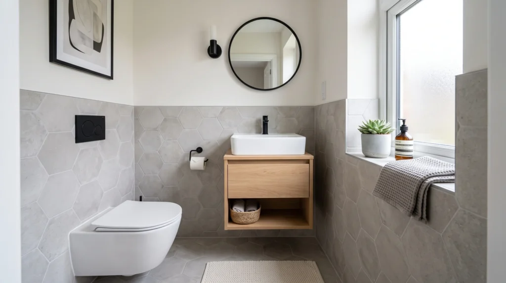Gäste-WC gestalten – kleines modernes Gäste-WC mit Waschbecken und Spiegel