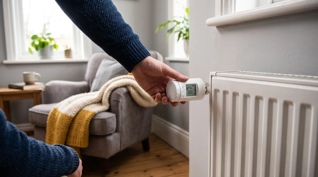 Heizkosten sparen – Thermostat am Heizkörper wird eingestellt