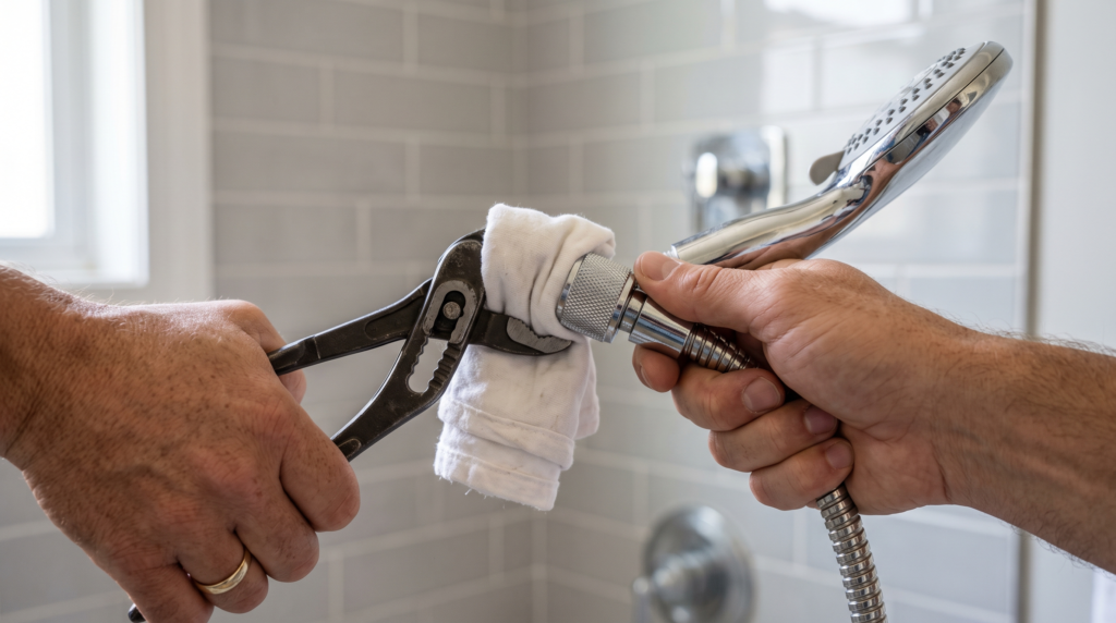 Überwurfmutter der Handbrause wird mit einem Tuch und einer Wasserpumpenzange gelöst