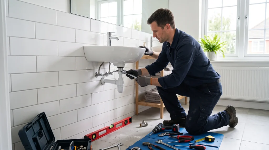 Waschbecken montieren – Waschbecken wird an der Wand befestigt