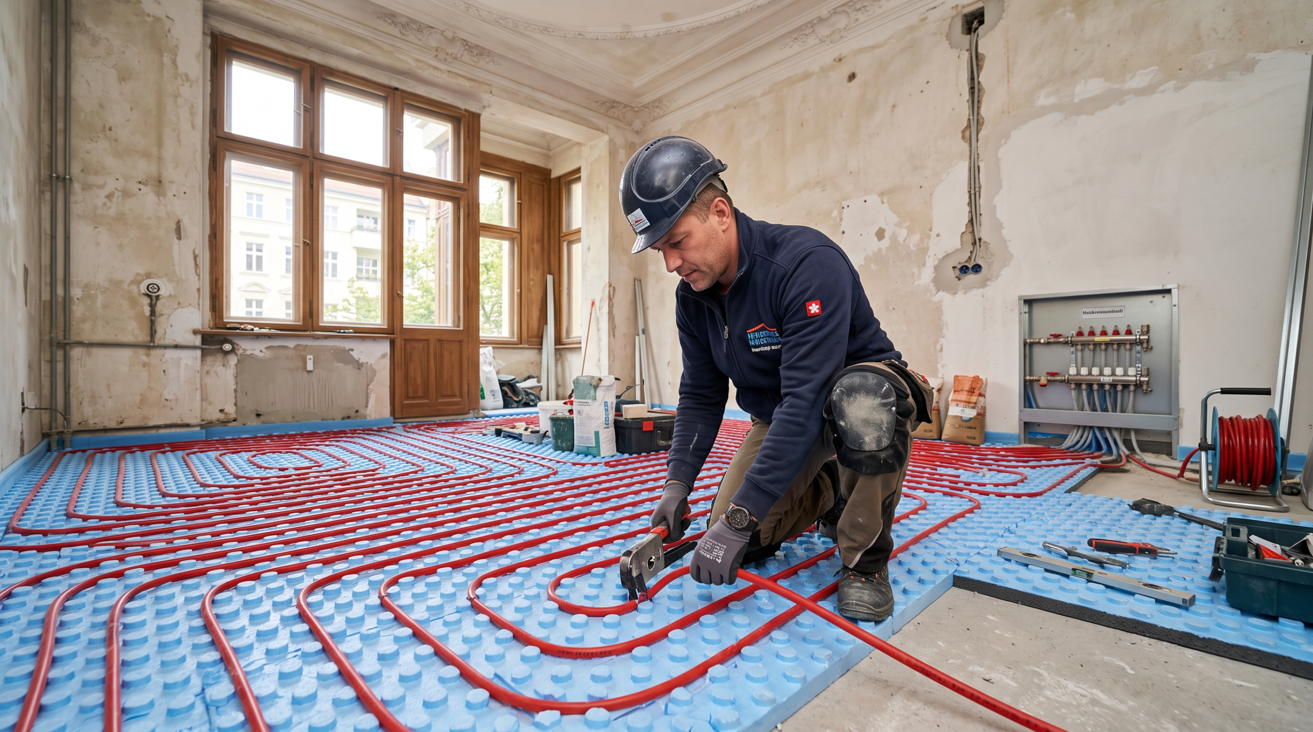 Fußbodenheizung nachrüsten im Altbau – verlegte Heizrohre auf Dämmplatten