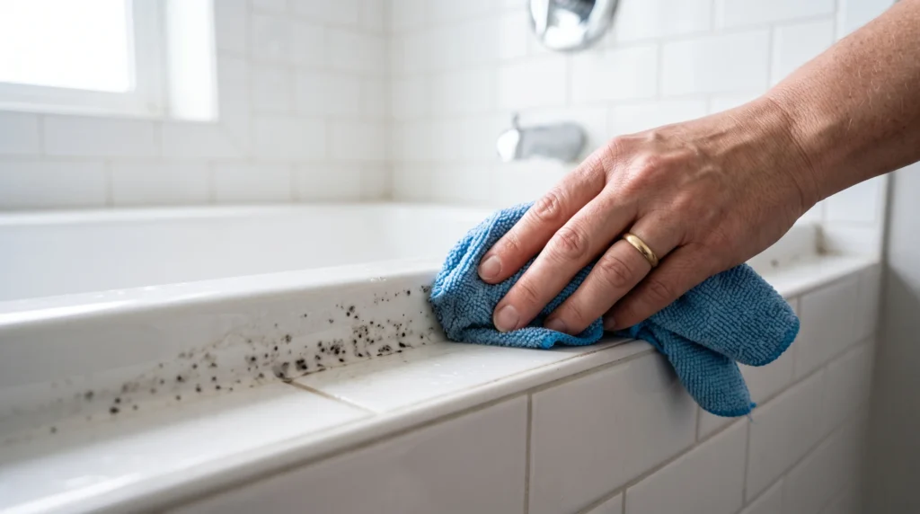 30-Sekunden-Test – mit feuchtem Mikrofasertuch prüfen, ob der Schimmel nur oberflächlich sitzt