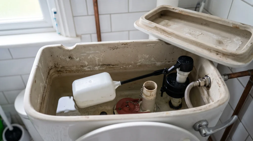 WC-Spülkasten reinigen – geöffneter Spülkasten mit Schwimmer und Ventil, leichte Kalkablagerungen