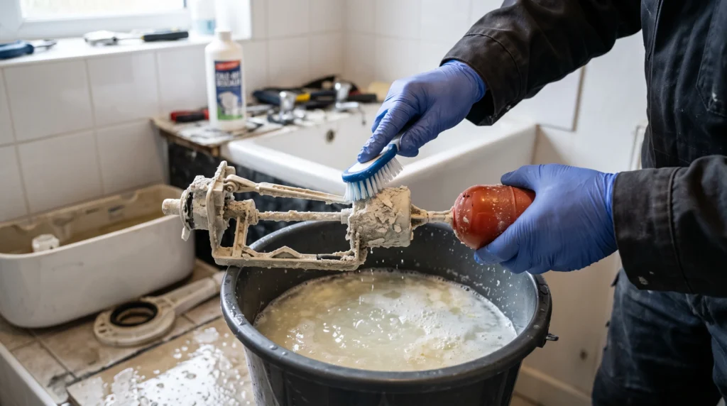 Die ausgebauten Teile in Entkalkerlösung einweichen und den gelösten Kalk abbürsten