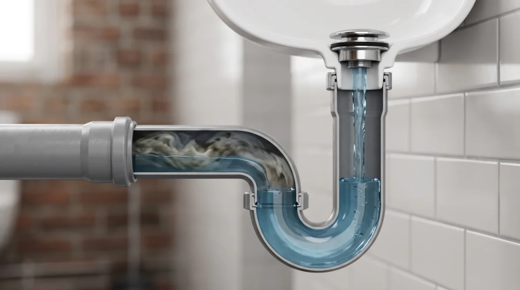 Der Siphon – im U-Bogen steht Wasser und bildet die Geruchsbarriere gegen den Kanal