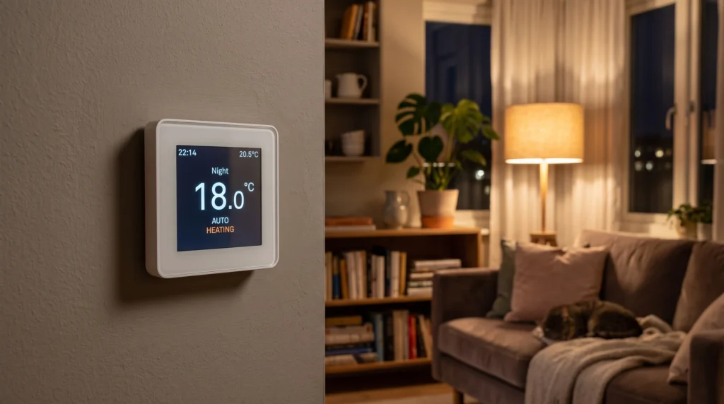 Nachtabsenkung der Heizung – Thermostat mit abgesenkter Nachttemperatur im Wohnzimmer