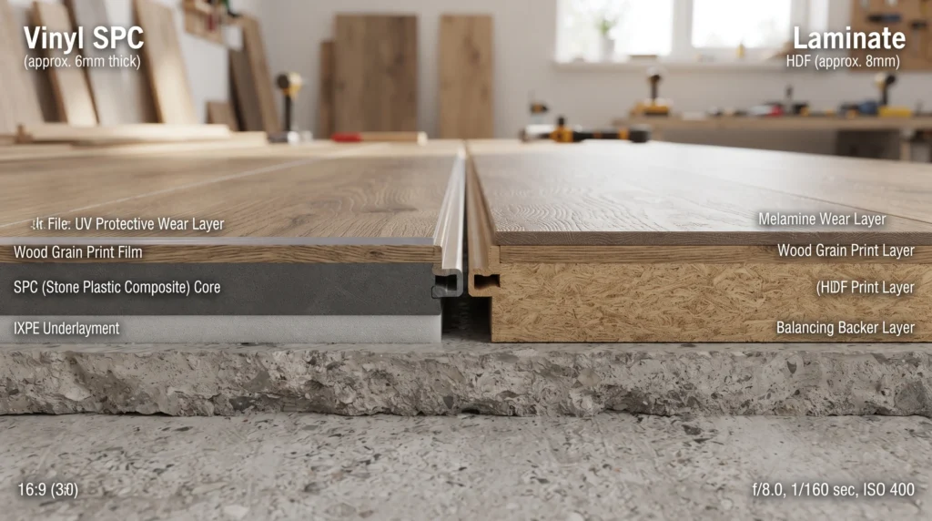 Laminat besteht im Kern aus Holzfasern, Vinyl aus Kunststoff, häufig mit einem Steinpulverkern