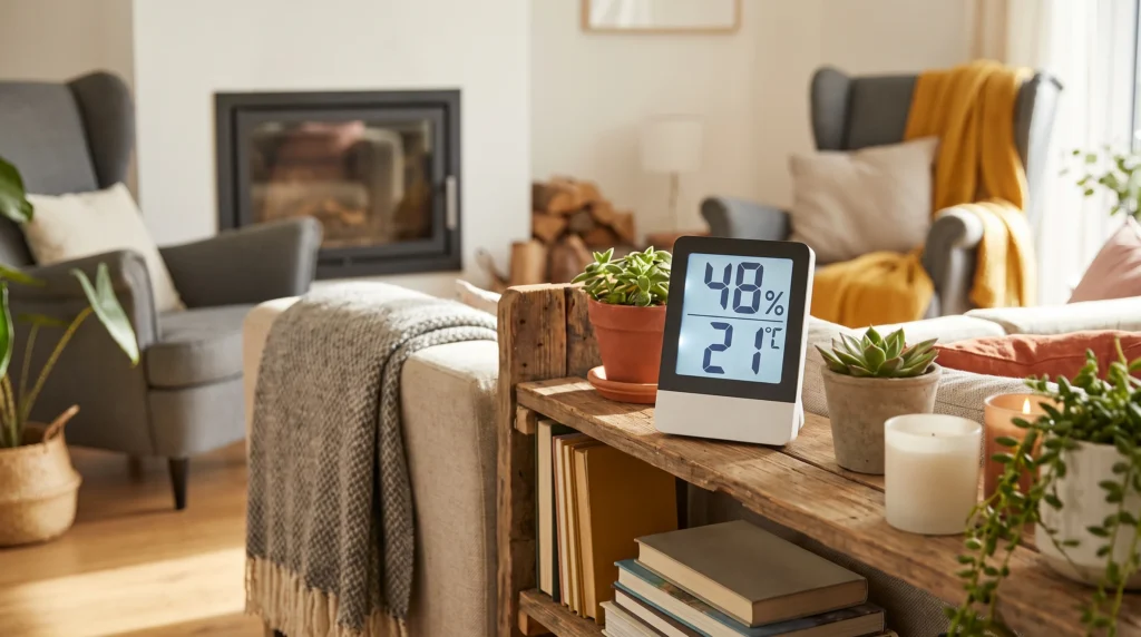 Optimale Luftfeuchtigkeit Wohnung – digitales Hygrometer zeigt Luftfeuchte und Temperatur im Wohnzimmer