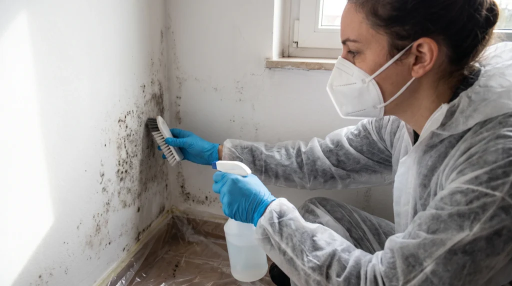 Schimmel an der Wand entfernen – Person mit Handschuhen und Maske reinigt schwarzen Schimmel in der Zimmerecke